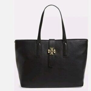 Tory Burch Meyer Plaque Pebbled Leather Tote Bag in Black
